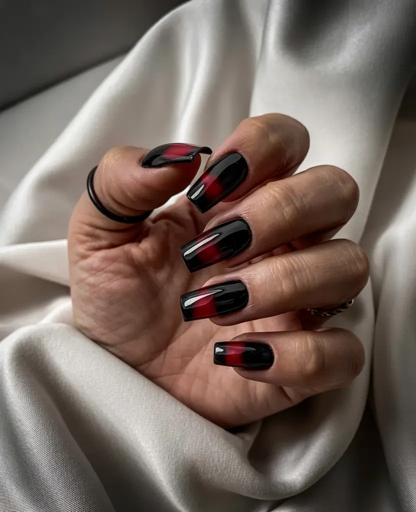 Modern Dark Nail Inspo Winter 2025–2026 Velvet Black and Red Gradient Elegance