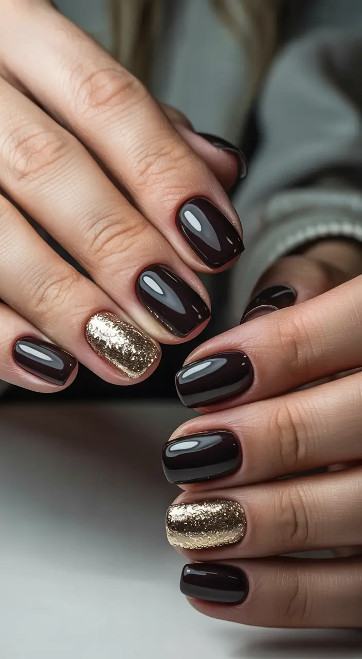 Modern Dark Nail Inspo Winter 2025–2026 Golden Touch on Deep Espresso