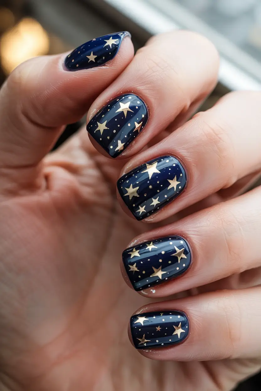 Modern Dark Nail Inspo Winter 2025–2026 Midnight Sky with Golden Stars