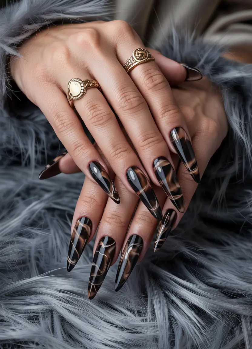 Modern Dark Nail Inspo Winter 2025–2026 Mocha Marble Stiletto Drama