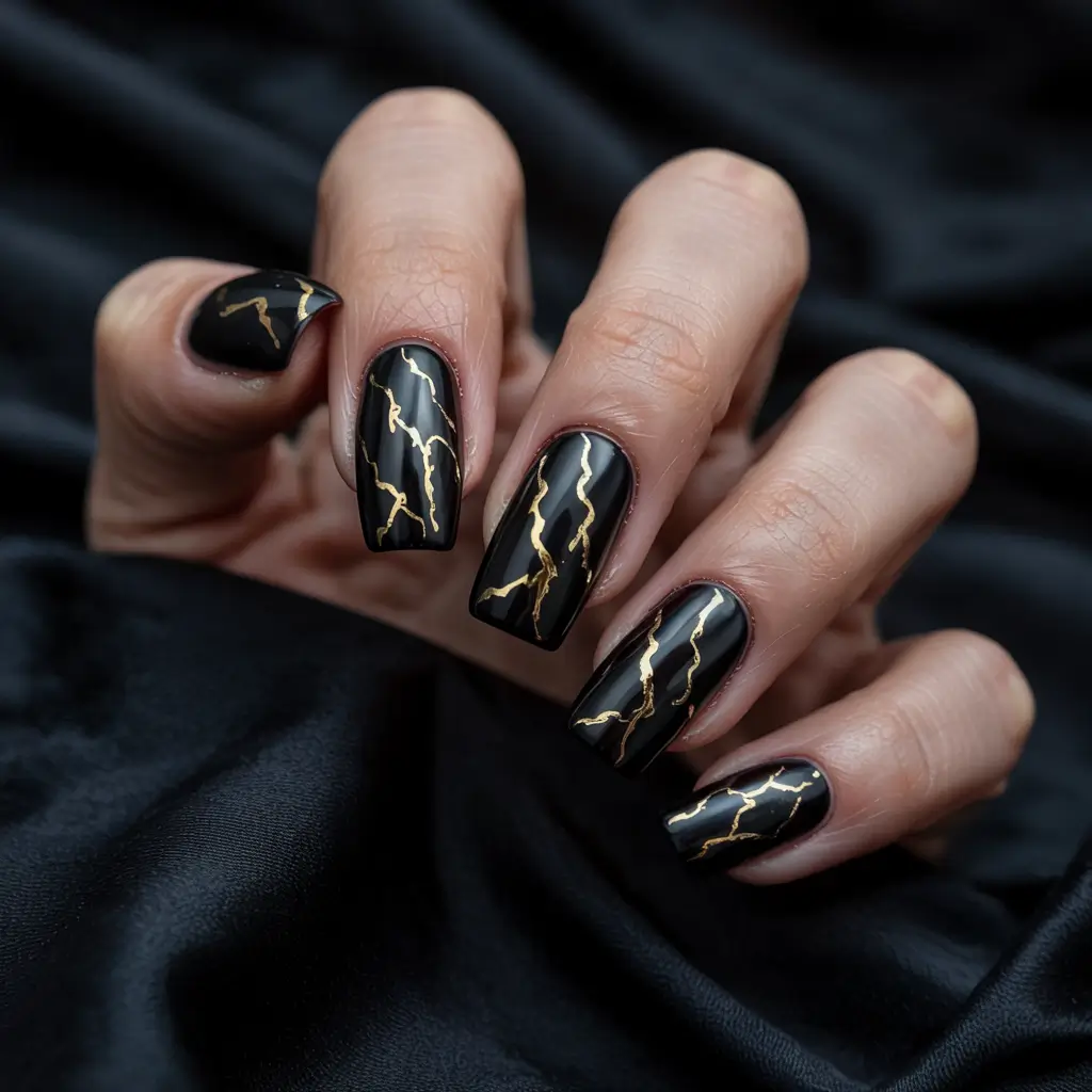Modern Dark Nail Inspo Winter 2025–2026 Black Marble with Gold Veins