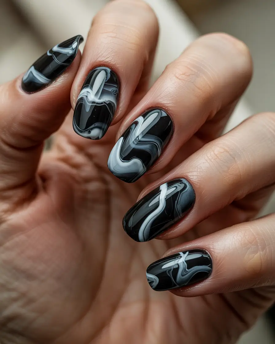 Modern Dark Nail Inspo Winter 2025–2026 Monochrome Smoke Swirls