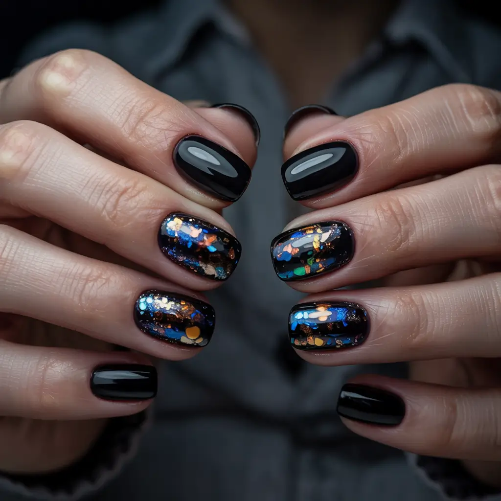 Modern Dark Nail Inspo Winter 2025–2026 Black with Aurora Foil