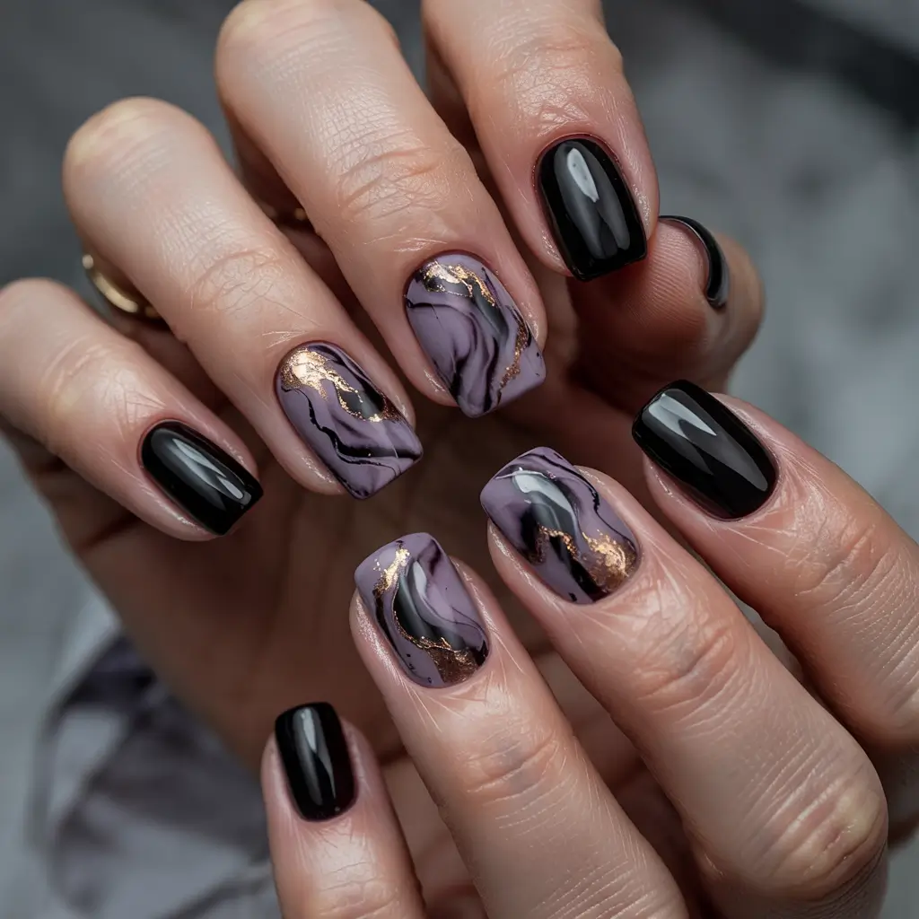 Modern Dark Nail Inspo Winter 2025–2026 Lavender Marble Glam