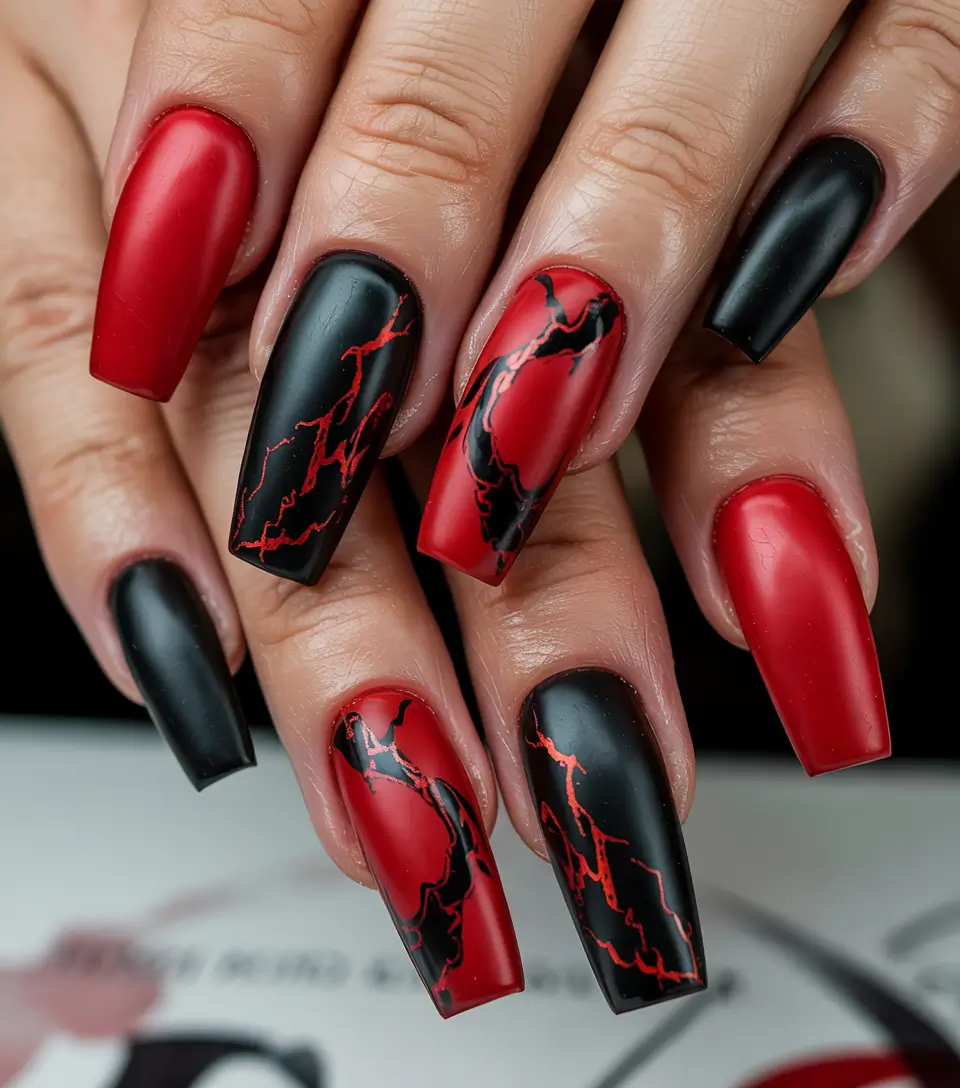 Modern Dark Nail Inspo Winter 2025–2026 Matte Red and Black Lightning