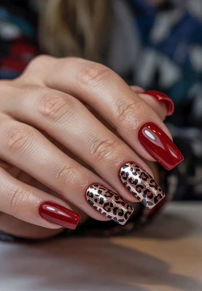 Modern Dark Nail Inspo Winter 2025–2026 Red Luxe with Leopard Touch