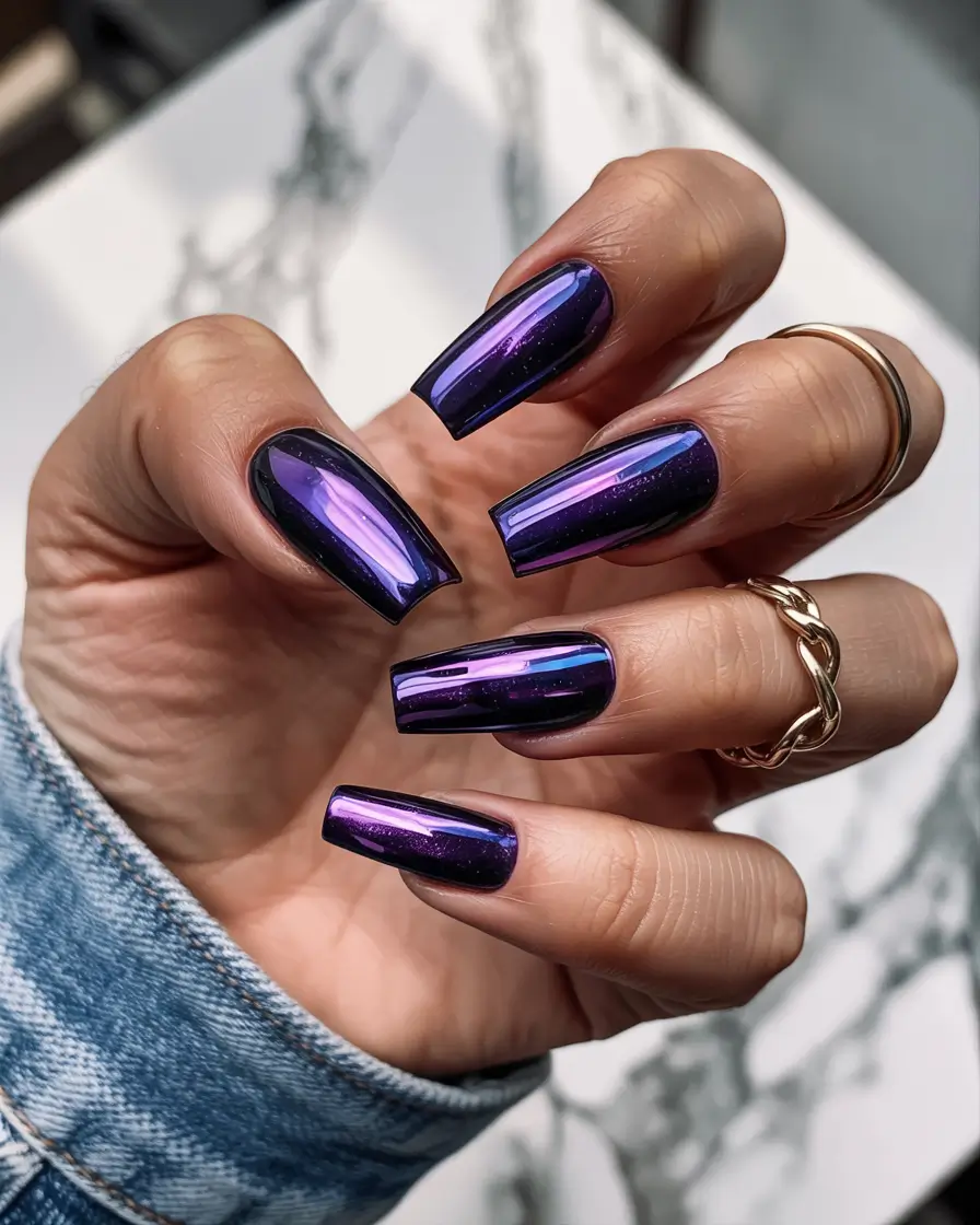 Modern Dark Nail Inspo Winter 2025–2026 Purple Galaxy Chrome