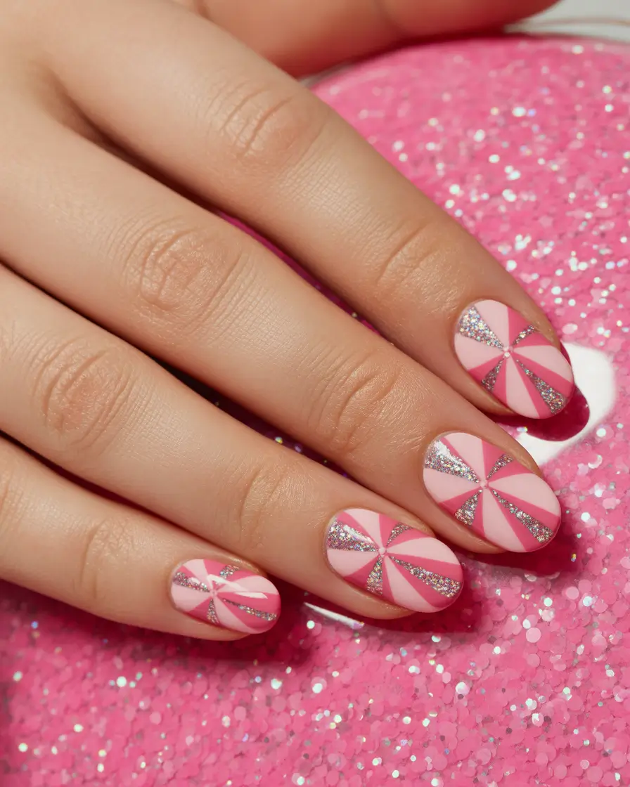 Pink Winter Nails 2025–2026 Candy Cane Spark