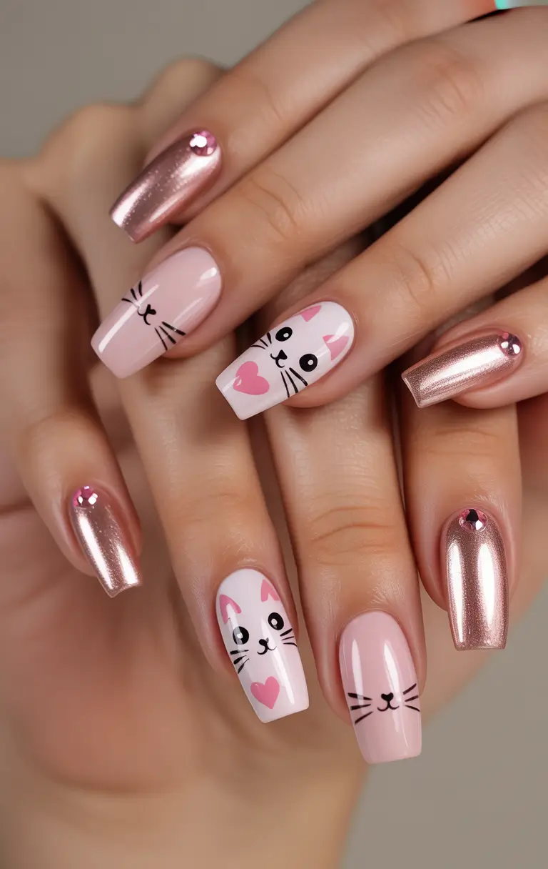 Pink Winter Nails 2025–2026 Metallic Kitty Fun
