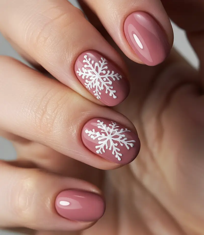 Pink Winter Nails 2025–2026 Soft Mauve Snowflakes