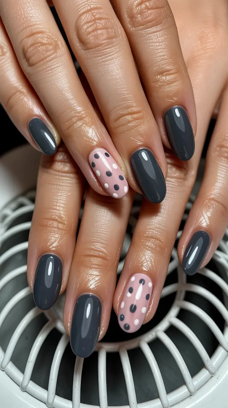 Pink Winter Nails 2025–2026 Gray and Pink Dots Contrast