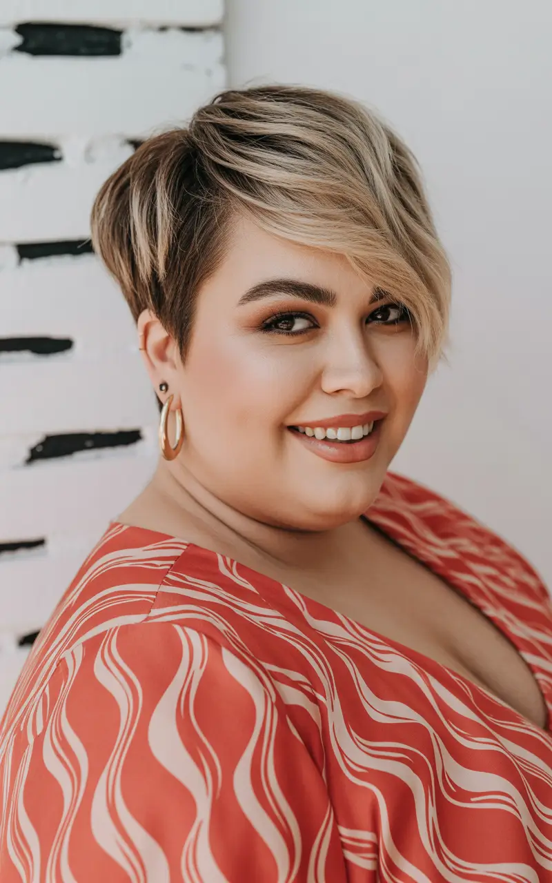Plus Size Haircuts Winter 2025–2026 Layered Pixie with Blonde Highlights