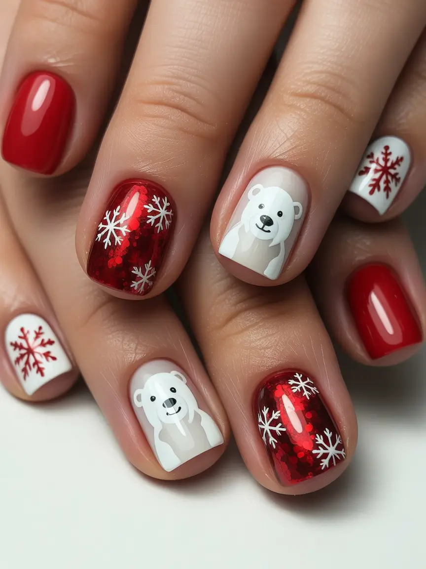 Red Winter Nails 2025–2026 Snowflake Charm with Polar Bear Accents