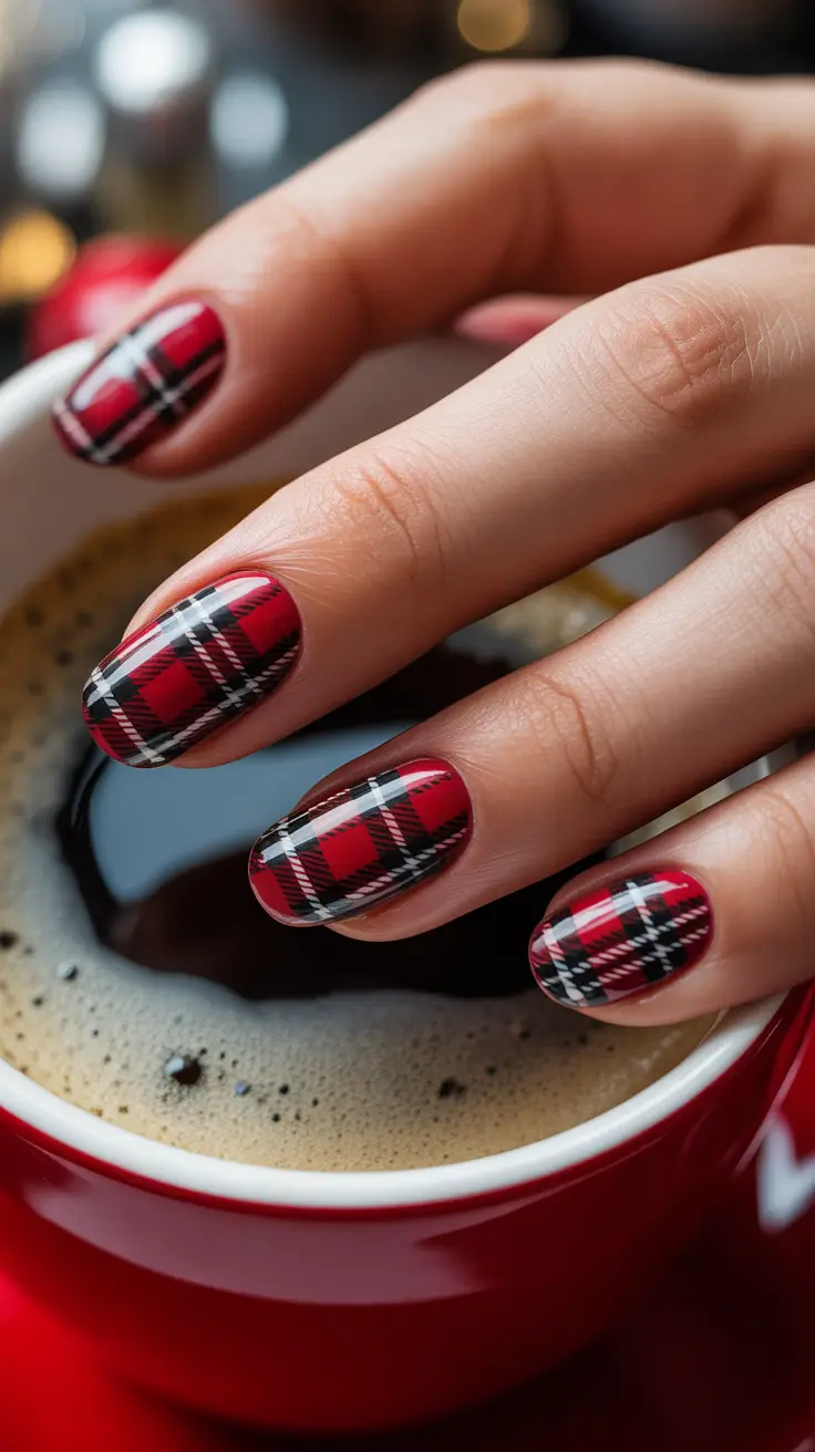 Red Winter Nails 2025–2026 Cozy Plaid Charm