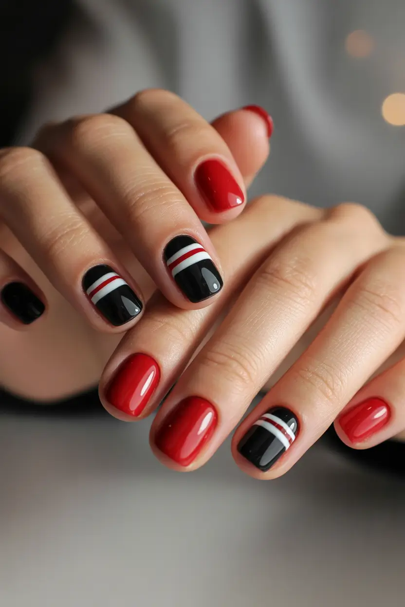 Red Winter Nails 2025–2026 Sporty Chic Red and Black Stripes