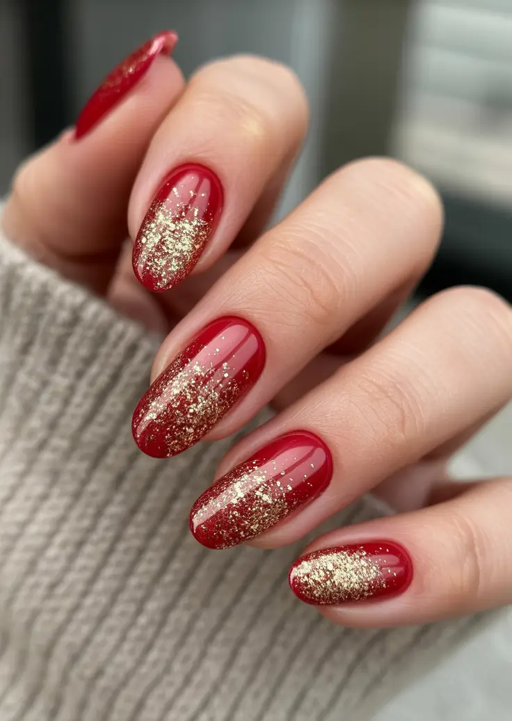 Red Winter Nails 2025–2026 Golden Sparkle Tips