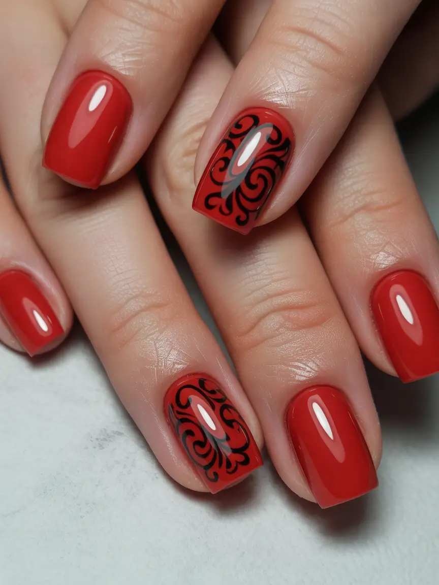 Red Winter Nails 2025–2026 Scrollwork Elegance