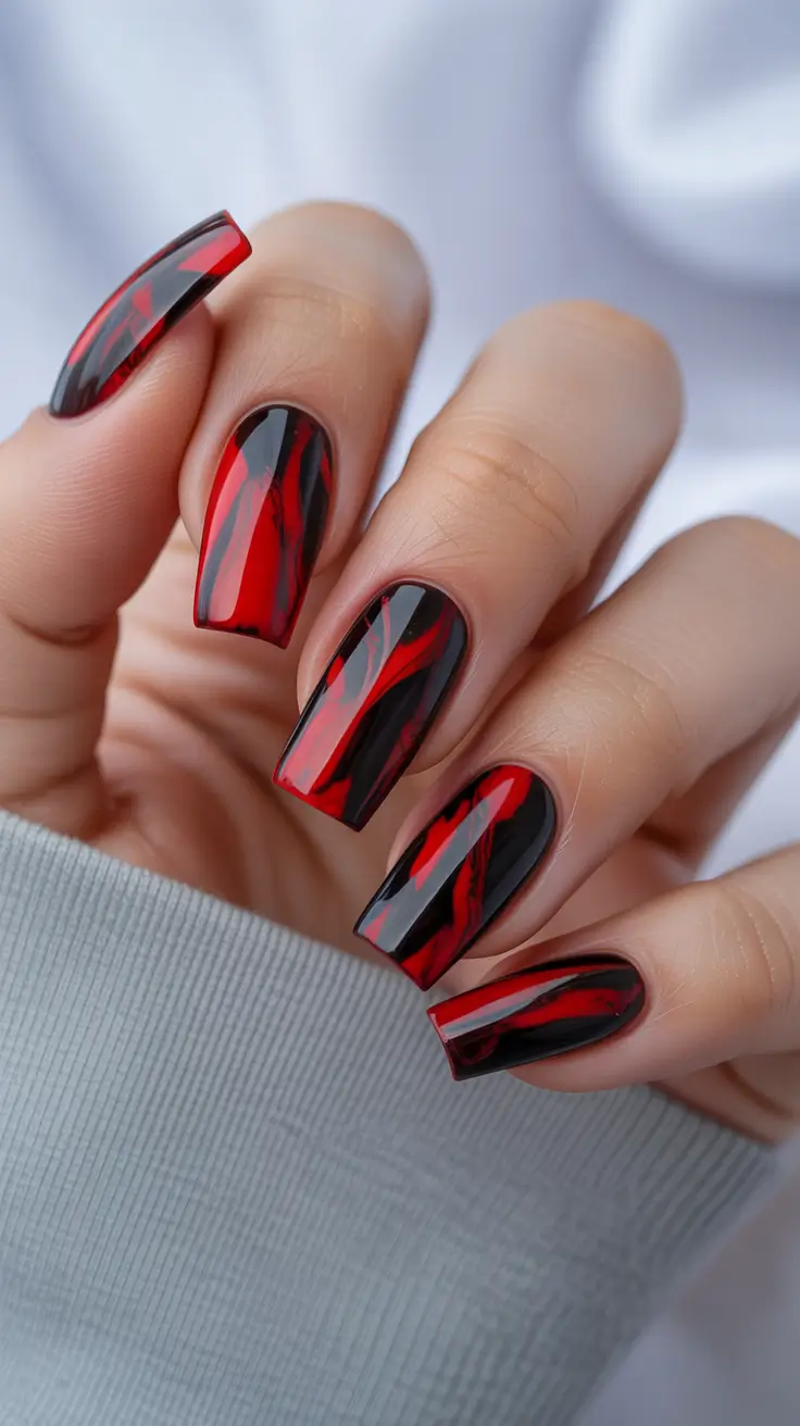 Red Winter Nails 2025–2026 Red Marble Flames