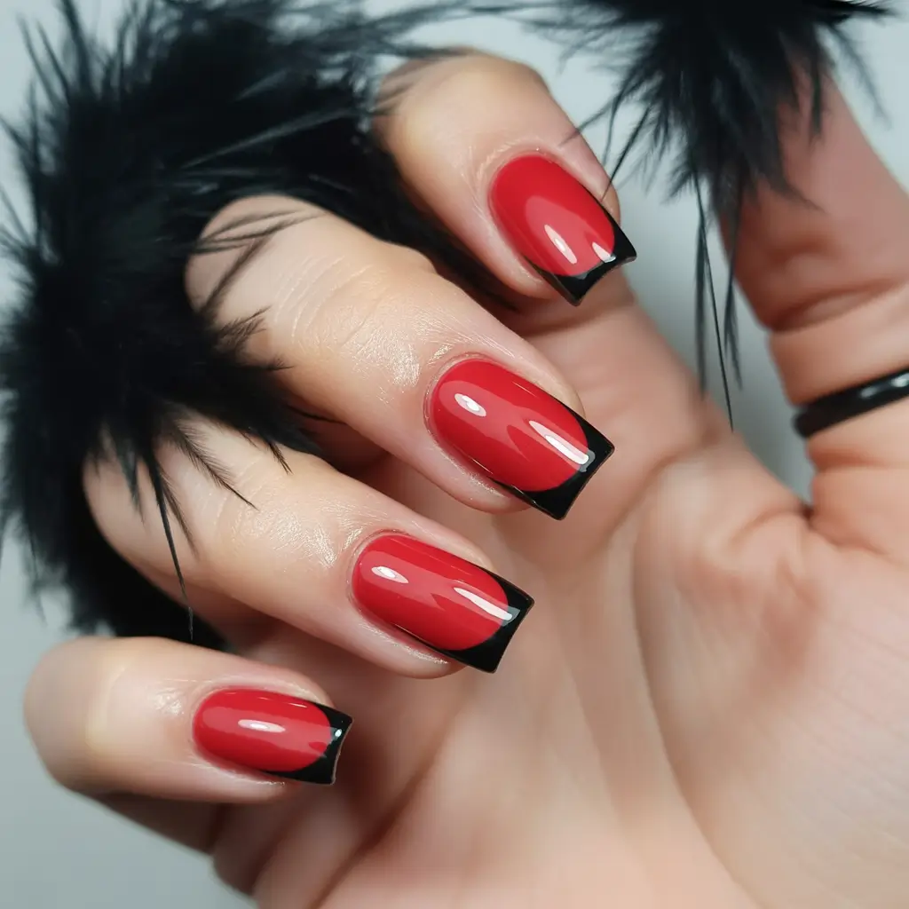 Red Winter Nails 2025–2026 Glossy Red French with Black Tips