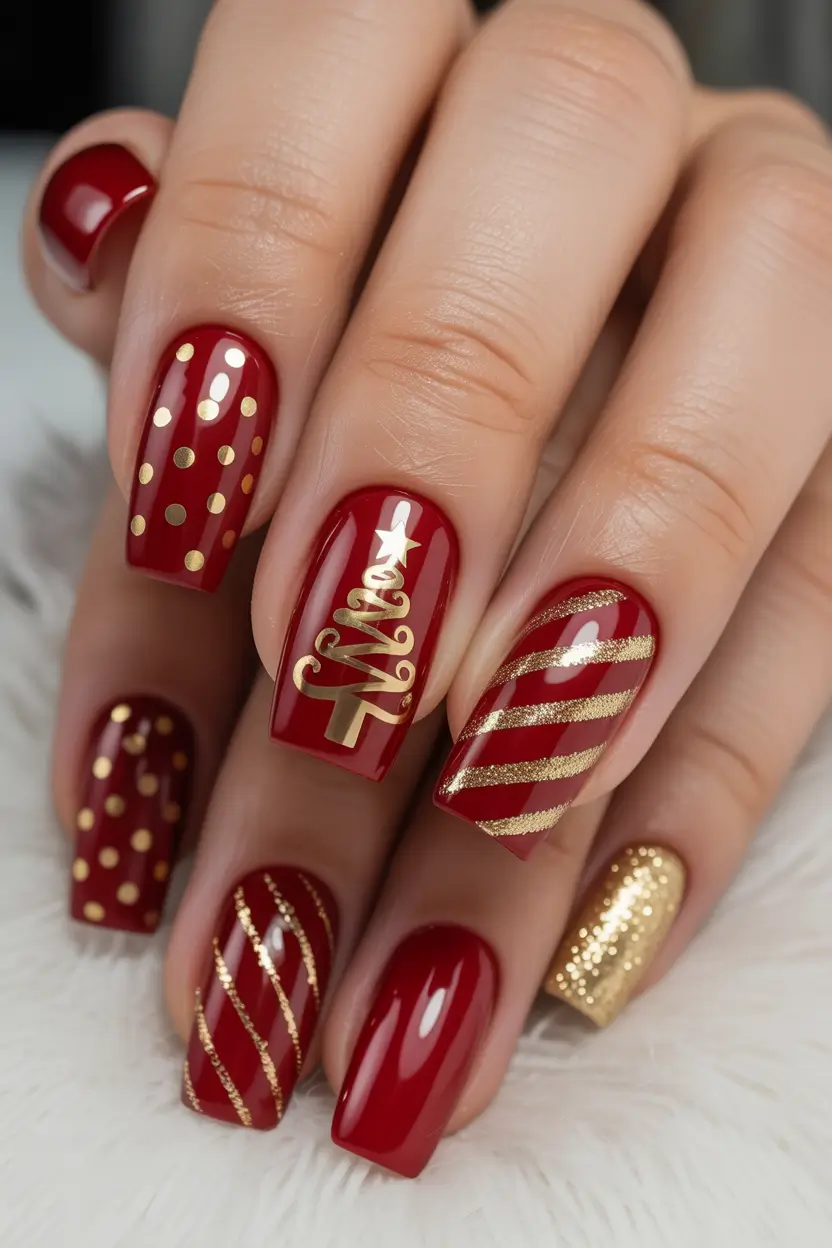 Red Winter Nails 2025–2026 Golden Christmas Magic