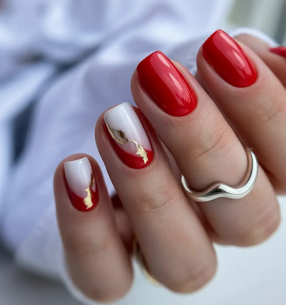 Red Winter Nails 2025–2026 Red and White with Gold Veins