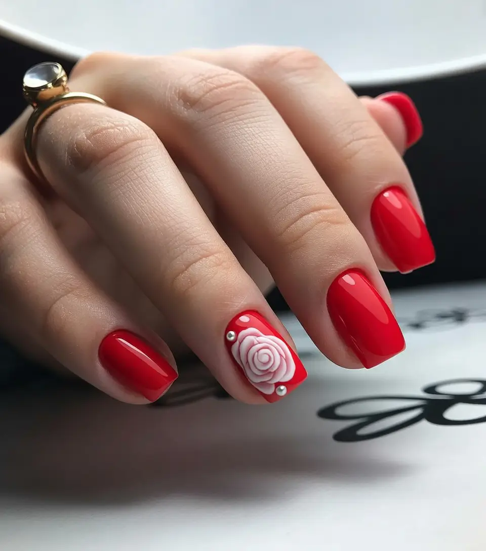 Red Winter Nails 2025–2026 Classic Red with 3D Rose Accent