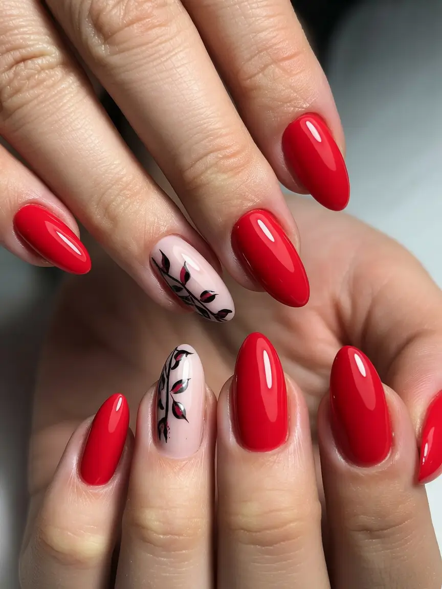 Red Winter Nails 2025–2026 Cherry Red Almonds with Black Branch Detail