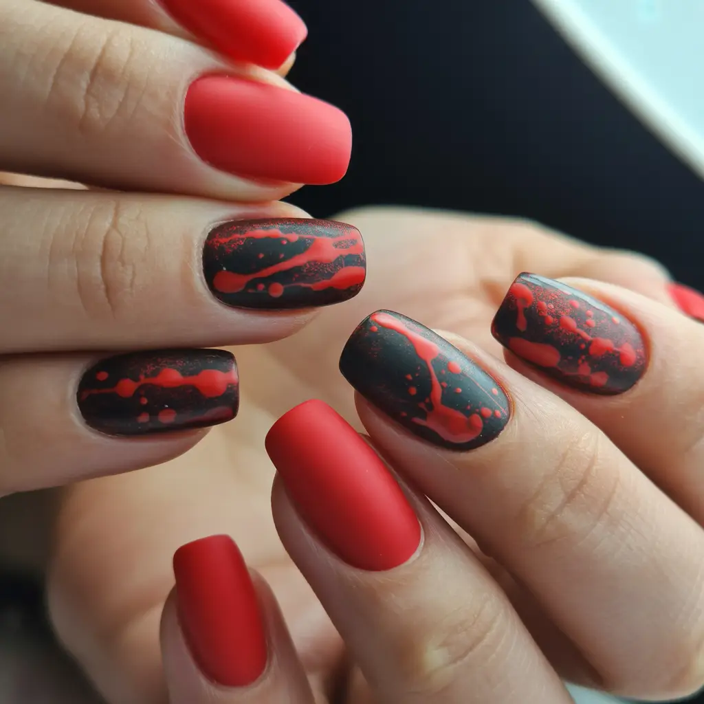 Red Winter Nails 2025–2026 Dark Matte Red and Black Splatter