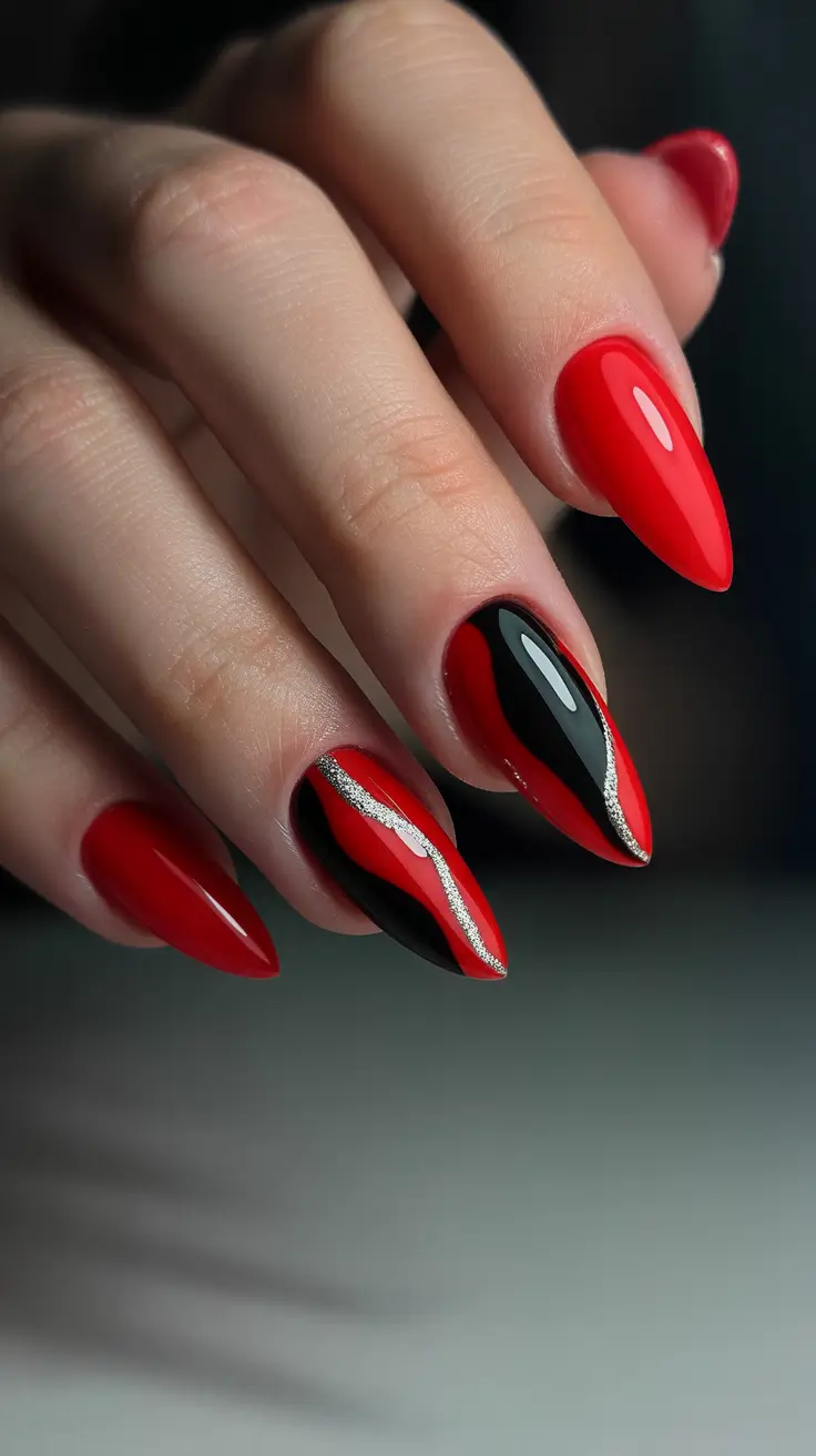 Red Winter Nails 2025–2026 Black and Red Wave Almonds