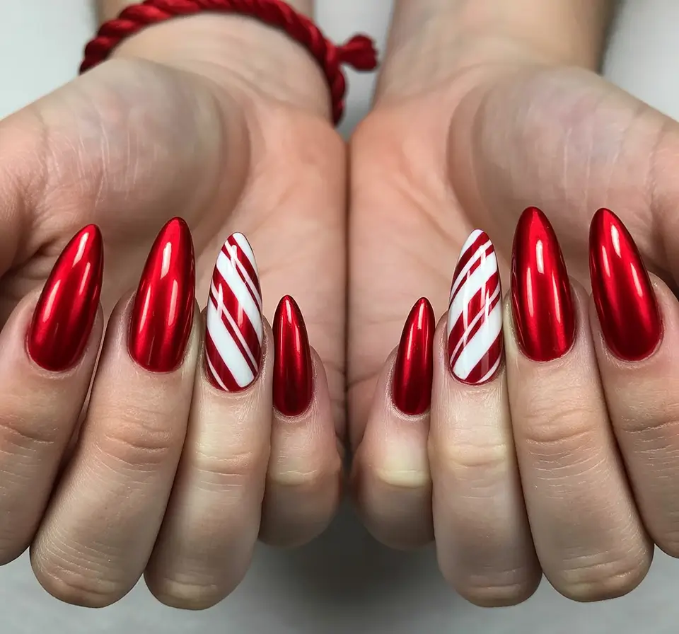 Red Winter Nails 2025–2026 Metallic Red Candy Stripe Nails