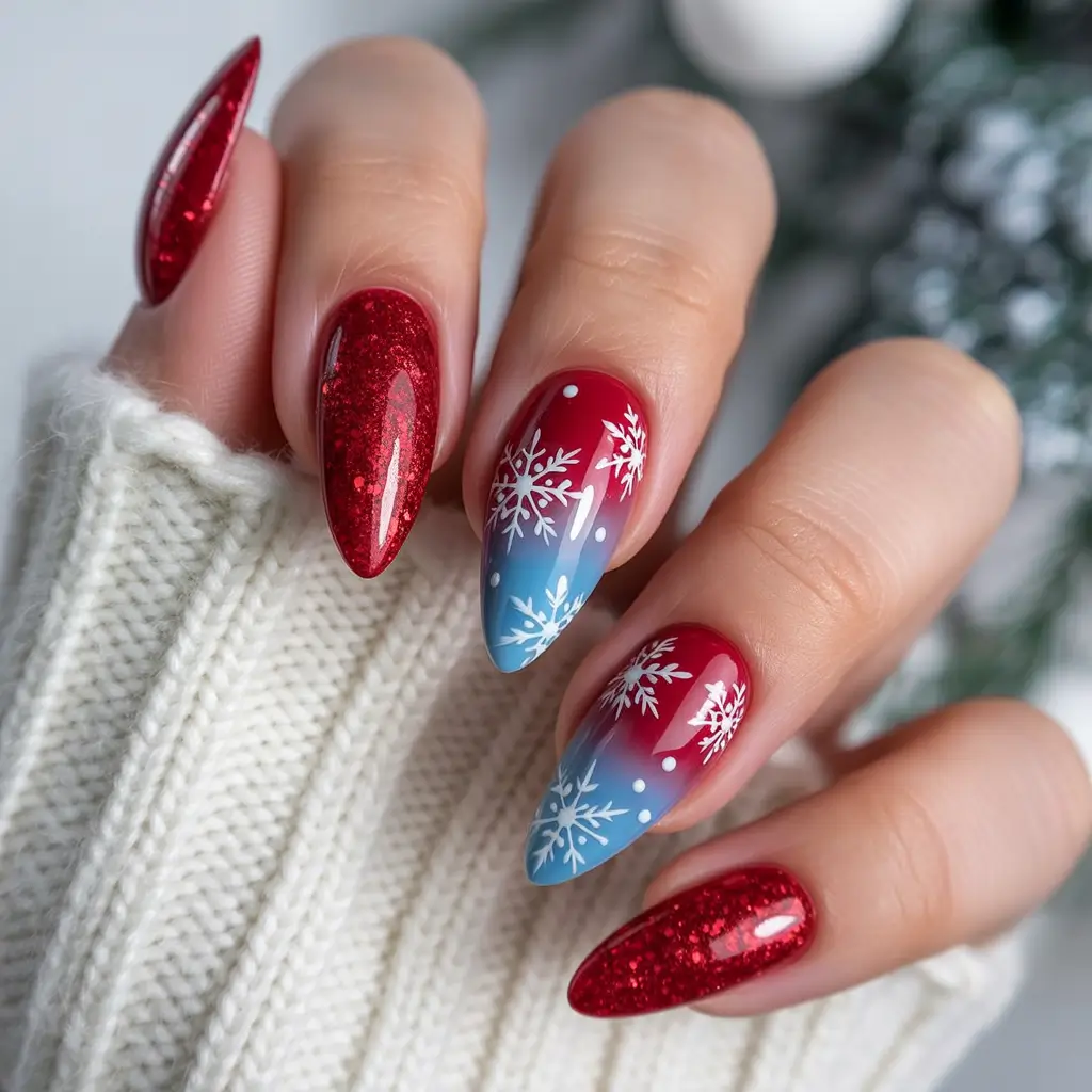 Red Winter Nails 2025–2026 Frosty Snowflake Gradient