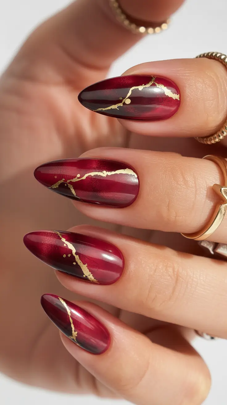 Red Winter Nails 2025–2026 Crimson Marble Elegance