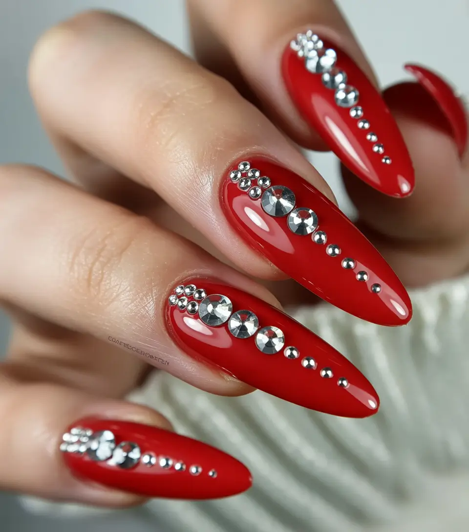 Red Winter Nails 2025–2026 Ruby Rhinestone Glam