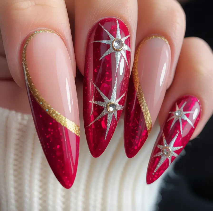 Red Winter Nails 2025–2026 Golden Starburst Shine