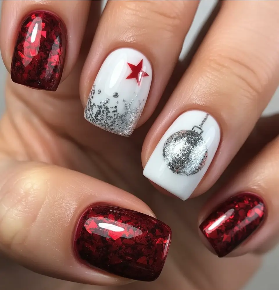 Short Gel Nails Winter Color and Design 2025 2026 Red Silver Glitter