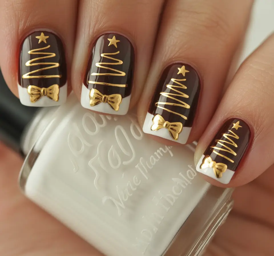 Short Gel Nails Winter Color and Design 2025 2026 Golden Tree French