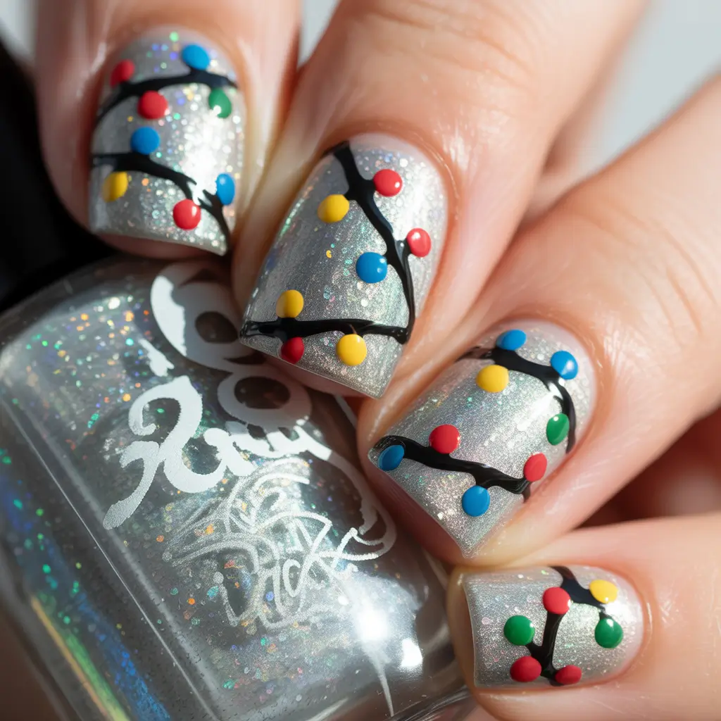 Short Gel Nails Winter Color and Design 2025 2026 Silver Glitter Lights