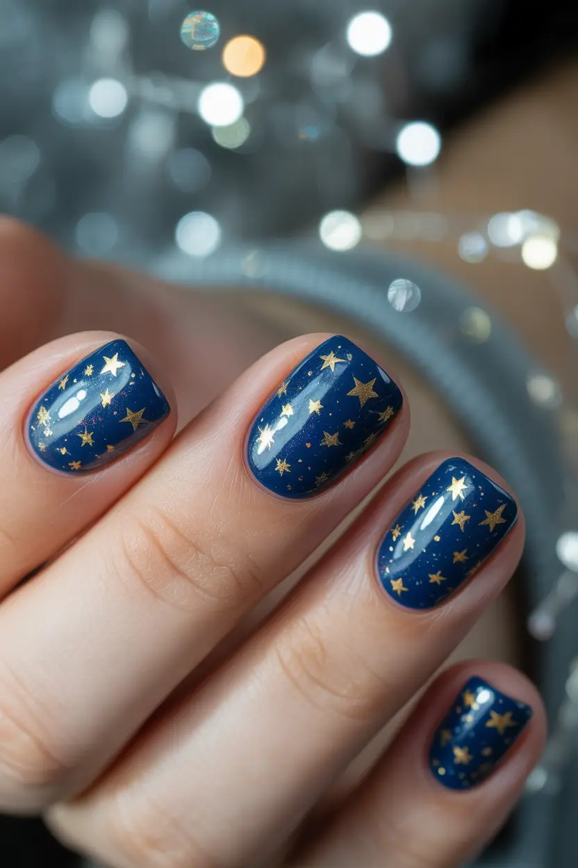 Short Gel Nails Winter Color and Design 2025 2026 Blue Celestial Stars