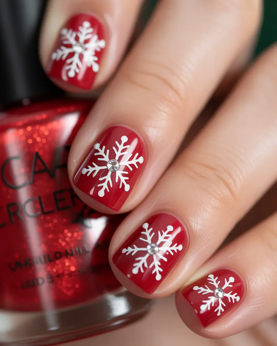 Short Gel Nails Winter Color and Design 2025 2026 Red Snowflake