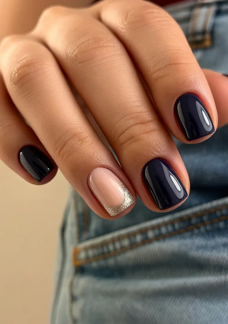 Short Gel Nails Winter Color and Design 2025 2026 Blue Nude Silver