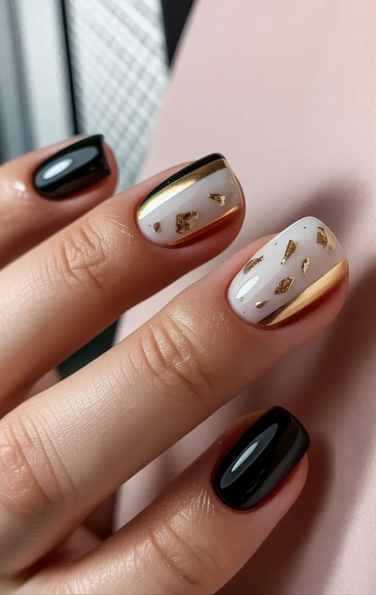Short Gel Nails Winter Color and Design 2025 2026 White Gold Foil