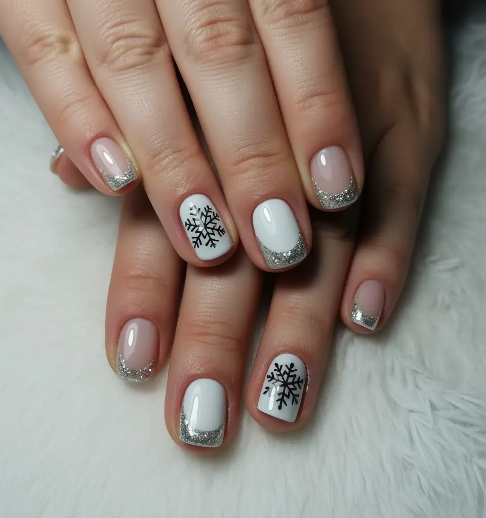 Short Gel Nails Winter Color and Design 2025 2026 Silver French Snowflake