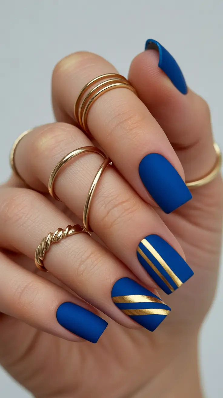 Short Gel Nails Winter Color and Design 2025 2026 Blue Gold Stripes