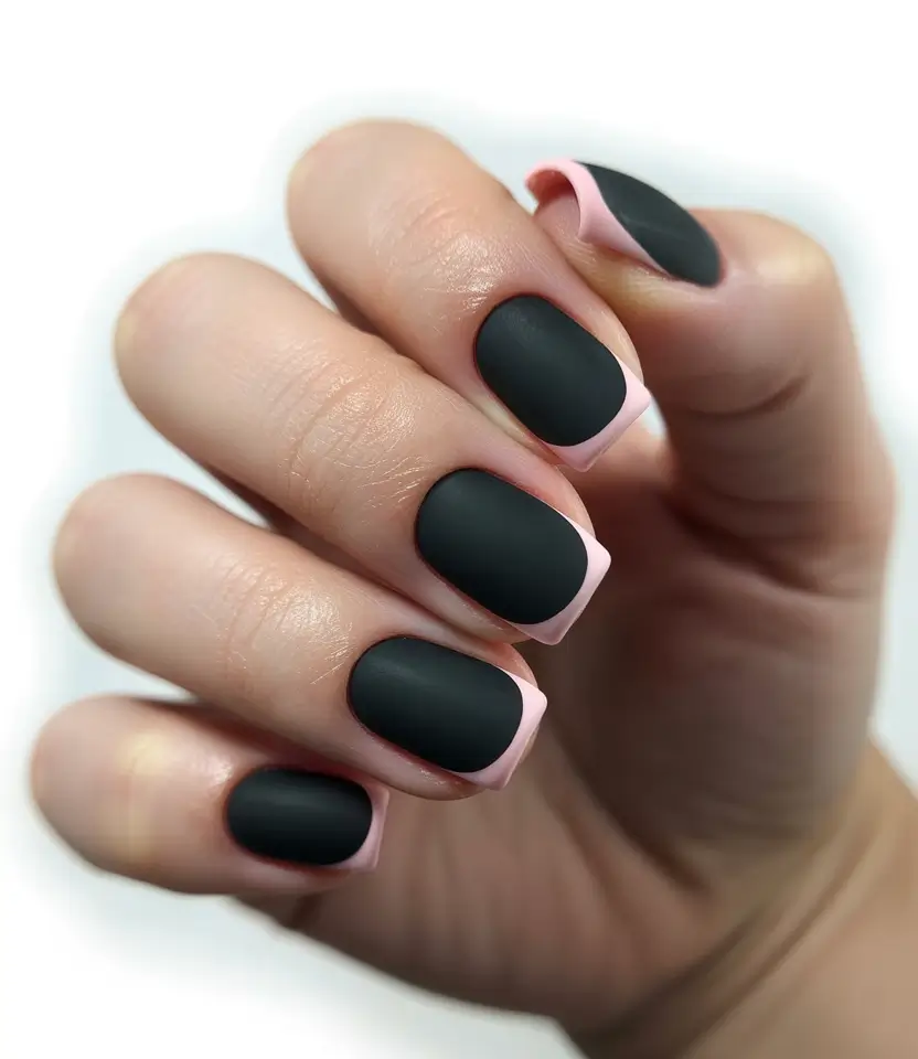 Short Gel Nails Winter Color and Design 2025 2026 Matte Black Pink French