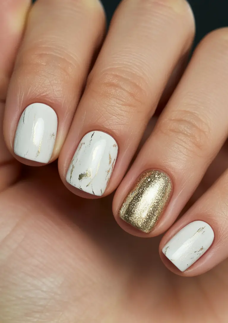 Short Gel Nails Winter Color and Design 2025 2026 White Gold Marble