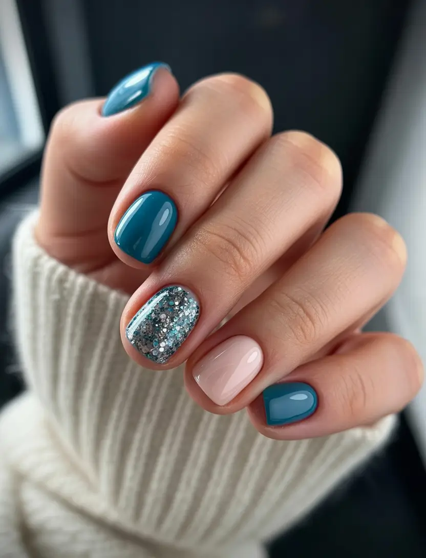 Short Gel Nails Winter Color and Design 2025 2026 Frosty Blue Spark