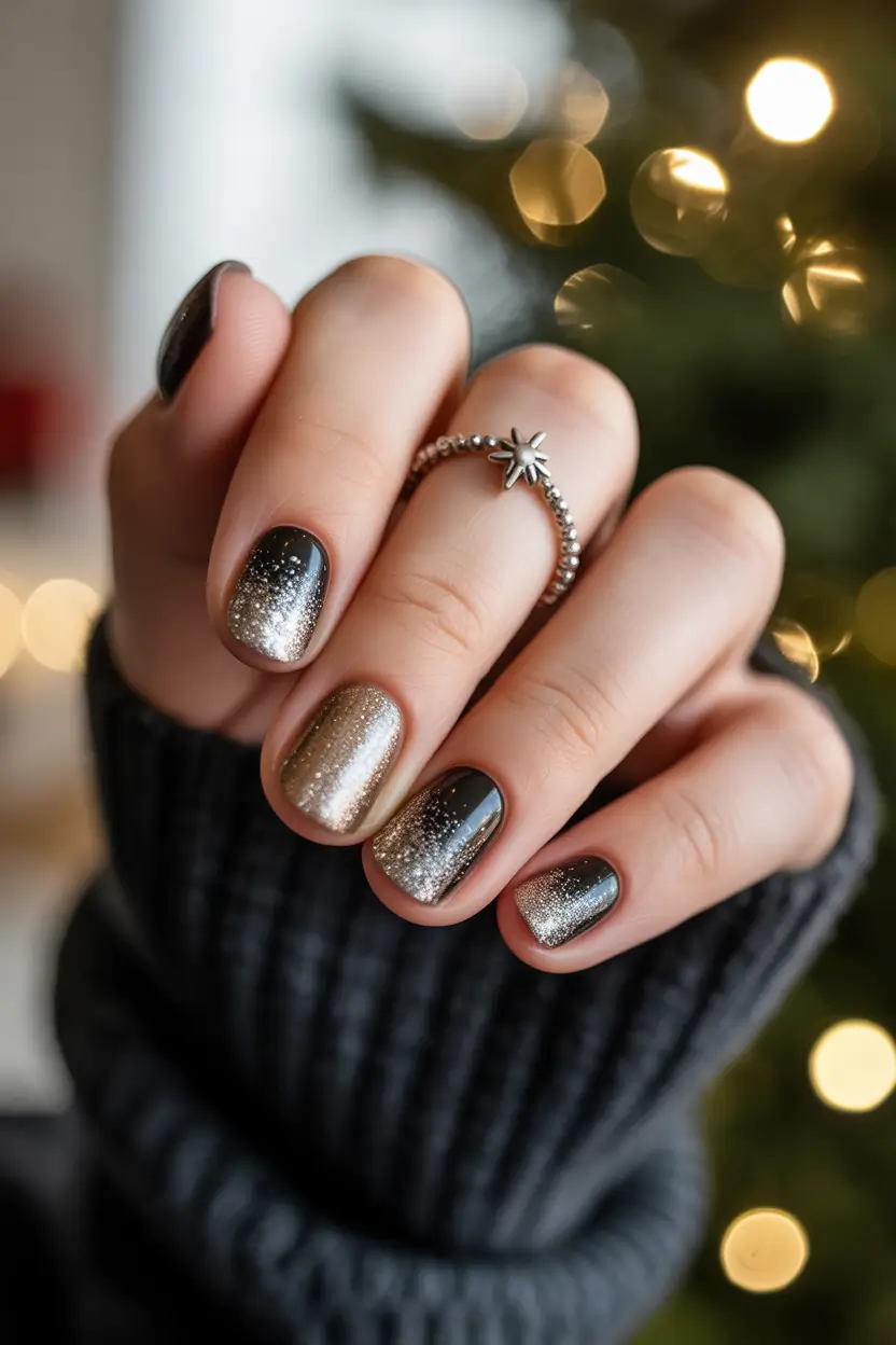Short Gel Nails Winter Color and Design 2025 2026 Black Gold Gradient