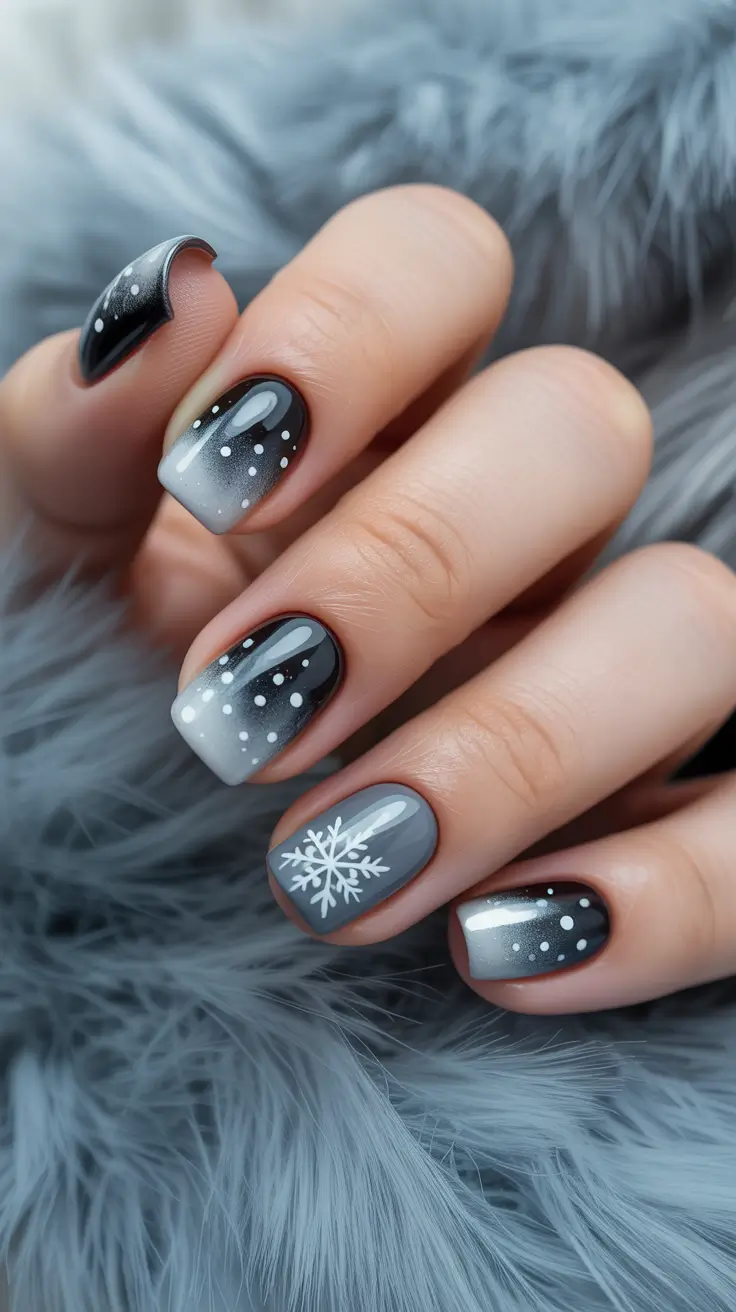 Short Gel Nails Winter Color and Design 2025 2026 Grey Black Snowflake