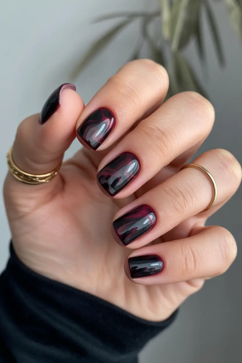 Short Gel Nails Winter Color and Design 2025 2026 Berry Marble Shine