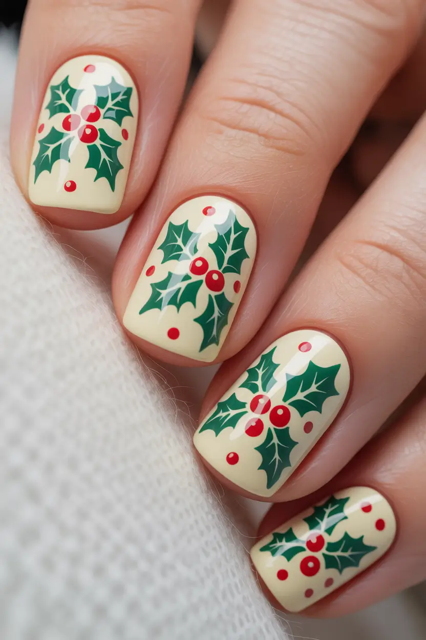 Short Gel Nails Winter Color and Design 2025 2026 Festive Holly Cheer